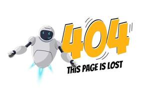 Website page not found. Wrong URL address error 404. Cartoon worried robot character. Site crash on technical work. Web design template with chatbot mascot and comic style text. Vector illustration