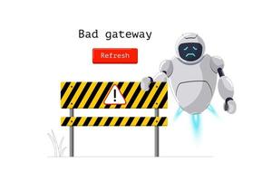 Bad gateway website page. Http error status code 502. Wrong internet result with oops worried robot character banner. Chatbot mascot on web design template. Https fail vector illustration eps concept