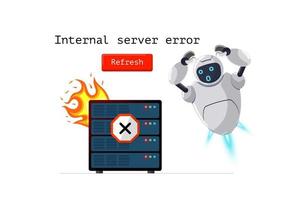 Internal server error website page. Http status code 500. Internet connection failure with oops worried robot character banner. Chatbot mascot on web design template. Https fail vector eps concept