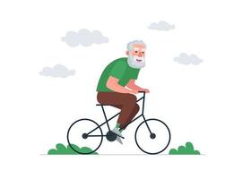 Older man fun and riding bicycle. Elderly male ride on bike. Old bearded person healthy activity lifestyle. Retired grandpa cycling. Cheerful senior pensioner leisure. Active grandfather vector eps