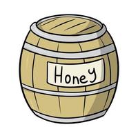 Wooden large honey barrel, honey image, vector illustration in cartoon style on a white background