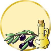 Vector illustration, Card with space for text, olive branch with fruit and olive oil bottles