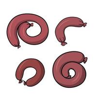 A set of pictures, Smoked delicious pink sausage rolled into a ring, vector illustration in cartoon style on a white background