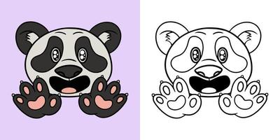Horizontal set of illustrations for coloring books, panda admires, cute fluffy pandas in cartoon style, vector illustration