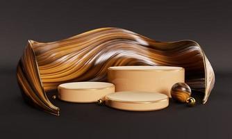 3D rendering. Product placement mockup, 3d background with black, brown  and gold abstract empty space podium display for product promotion, fashion industry, object display, cosmetic showcase. photo
