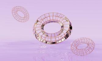 3 D render. Abstract pink background, beautiful water surface. Glass transparent torus with silver faces on liquid.  Design element for banner background, wallpaper. photo