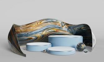3D rendering. Product placement mockup, 3d background with blue  and gold abstract empty space podium display for product promotion, fashion industry, object display, cosmetic showcase. photo