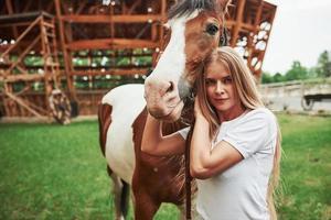 Looks straight into the camera. Happy woman with her horse on the ranch at daytime photo