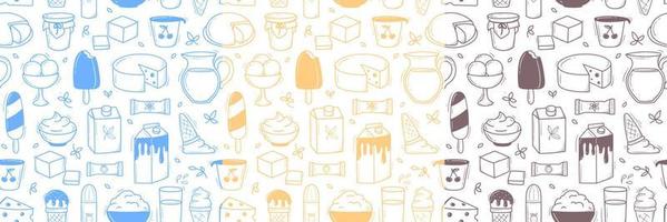 patrón de productos lácteos estilo doodle dibujado a mano vector