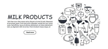 banner de productos lácteos en estilo garabato dibujado a mano vector