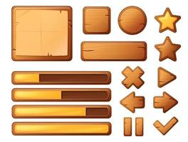 Wooden buttons for game user interface, user interface elements isolated on white background. vector cartoon illustration.