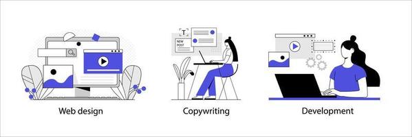 set of concepts on the theme of copywriting, cms development, web design. characters in blue. vector