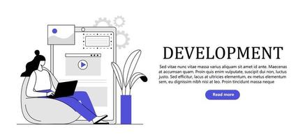 diseño y programación de la landing page, publicidad. un diseñador que trabaja en una aplicación móvil. desarrollo de sms vector