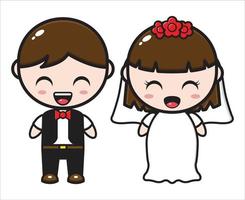 Cute cartoon couple illustration wearing wedding dress vector