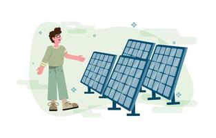 Vector man and solar panels. Clean energy concept. Sustainable economic growth with renewable energy and natural resources. Environmental protection illustration.