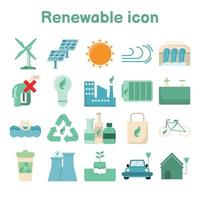Flat icon of renewable energy. Clean energy including recycling. Home and industry using environmentally friendly alternatives. Vector illustration isolated on white background.