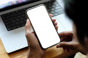 Mock up phone in man hand showing white screen photo