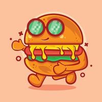 mascota de personaje de comida de hamburguesa súper genial ejecutando dibujos animados aislados en diseño de estilo plano vector