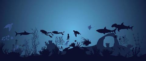 silhouette of coral reef with fish and divers on blue sea background underwater vector illustration