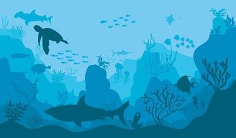 Underwater ocean background. Black silhouettes swimming sea fish with corals and vector plants.