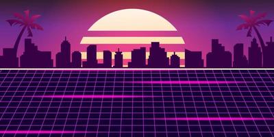 Retro futuristic retro styled night cityscape with sunset on background. Vector illustration.