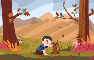 Boy Play With His Cat in Autumn Forest vector