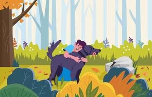 Teen Boy Play With His Dog in Autumn Forest vector