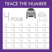 Number four stroke worksheet with sweater for fine motor skills kids. vector