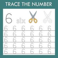 A game of tracing the outlines of the number six with scissors . Preschool worksheet, kids activity sheet, printable worksheet vector