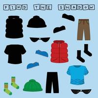 Find a pair or shadow  game with clothes.  Worksheet for preschool kids, kids activity sheet, printable worksheet vector