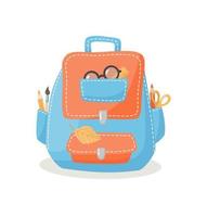 mochila escolar dibujada a mano con papelería en estilo de dibujos animados. lápices, tijeras, regla y otros útiles escolares. ilustración de regreso a la escuela. Diseño acogedor para tus proyectos. vector