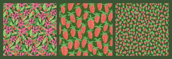 Set of patterns with flowers and strawberries vector