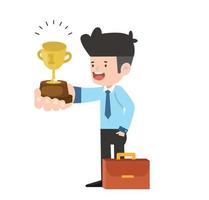 businessman holding trophy  success concept