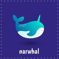 Learning cards for kids education. Fish. Narwhal. Educational worksheets for kids. Preschool activity vector