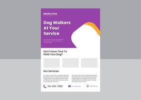 diseño de afiches del servicio de paseador de perros. paseadores de perros a su servicio diseño de volante. Folleto de póster del servicio profesional de paseo de perros.