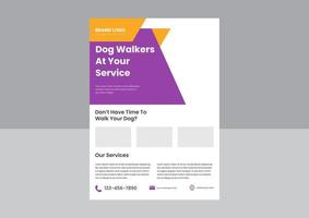 diseño de afiches del servicio de paseador de perros. paseadores de perros a su servicio diseño de volante. Folleto de póster del servicio profesional de paseo de perros. vector