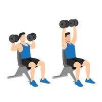 Man doing Dumbbell overhead shoulder press . Top body workout. Upper body exercises. Flat vector illustration isolated on white background