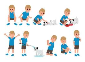 Cute little boy character activities set playing with dogs flat illustration isolated on layers vector