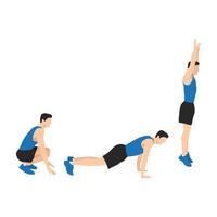 Man doing the Squat Thrust Burpee position in 3 steps exercise. Flat vector illustration isolated on white background