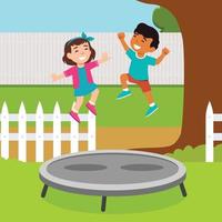 boy and girl playing trampoline at backyard flat illustration character set jumping on trampoline vector