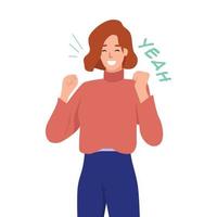 woman getting excited while screaming yeah and hands in the air. Flat vector illustration isolated on white background