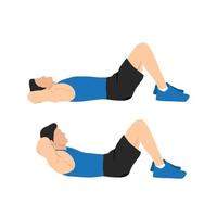 Man doing crunches. Abdominals exercise. Flat vector illustration isolated on white background.