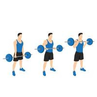 Man doing Barbell drag bicep curls exercise. 21 bicep exercise. 7 Steps.Arm workout. Flat vector illustration of a fitness man isolated on white background
