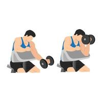 Man doing one arm dumbbell preacher curl. Flat vector illustration isolated on different layer. Workout character