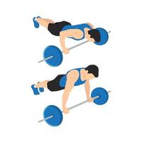 Barbell push ups exercise. Flat vector illustration isolated on white background. workout character set