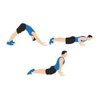 Hindu. Judo push ups. Dive bombers exercise. Flat vector illustration isolated on white background. workout character set