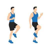 Man doing High knees. Front knee lifts. Run. and Jog on the spot exercise. Flat vector illustration isolated on white background