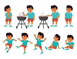 Cute little boy character set. Jumping and having fun isolated on different layers. Cooking sausage and thinking vector