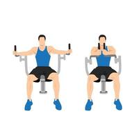 Man doing butterflies,pec deck,seated machine flyes. Flat vector illustration isolated on white background