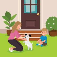 Children boy and woman playing with their dog in the living room. Flat vector illustration art with couch on the background